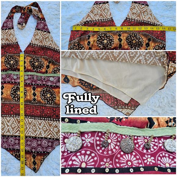 Gauze Halter Top Size M Dressbarn Beaded V-Neck Tank Orange Brown Stripe Print - Picture 6 of 8